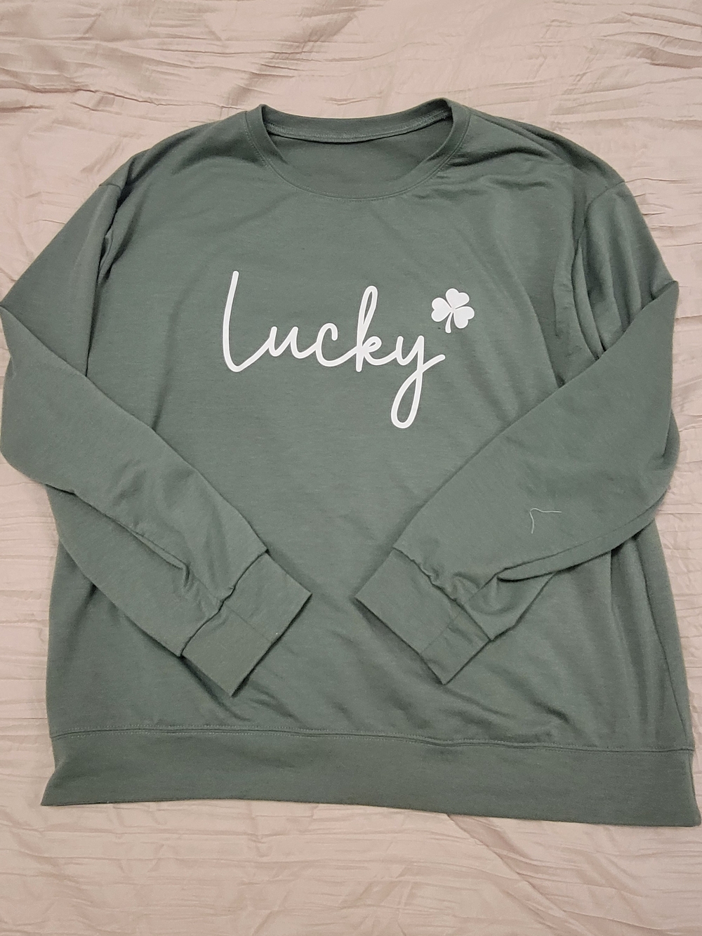 Source Unknown "Lucky" Pullover Sweatshirt - Sage Green with White Script